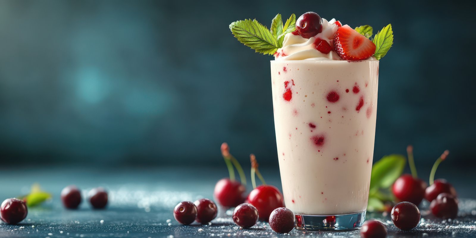 Creamy cherry smoothie topped with strawberries and mint served in a glass on a dark countertop